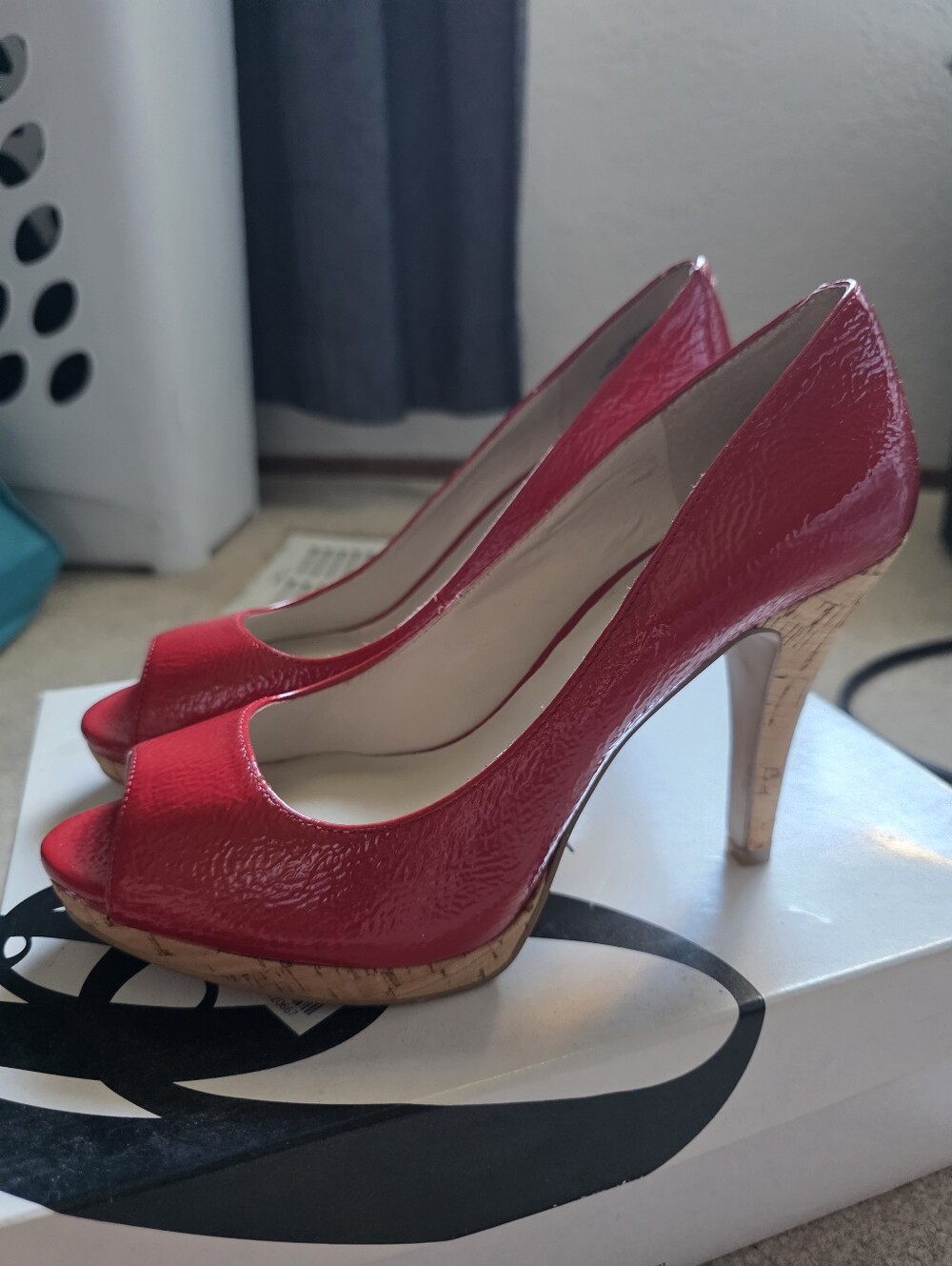 Nine West Red Patent Peep-Toe Cork Platform Heels
